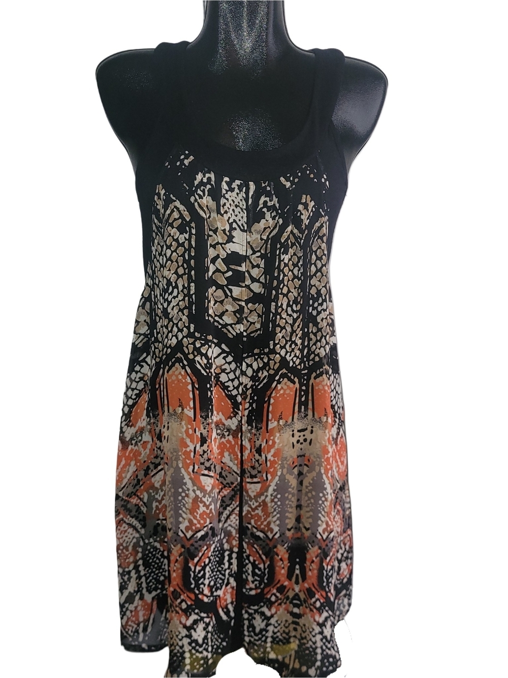 Linea Domani Womens Black & Orange Print Overlay Sleeveless Dress Size S